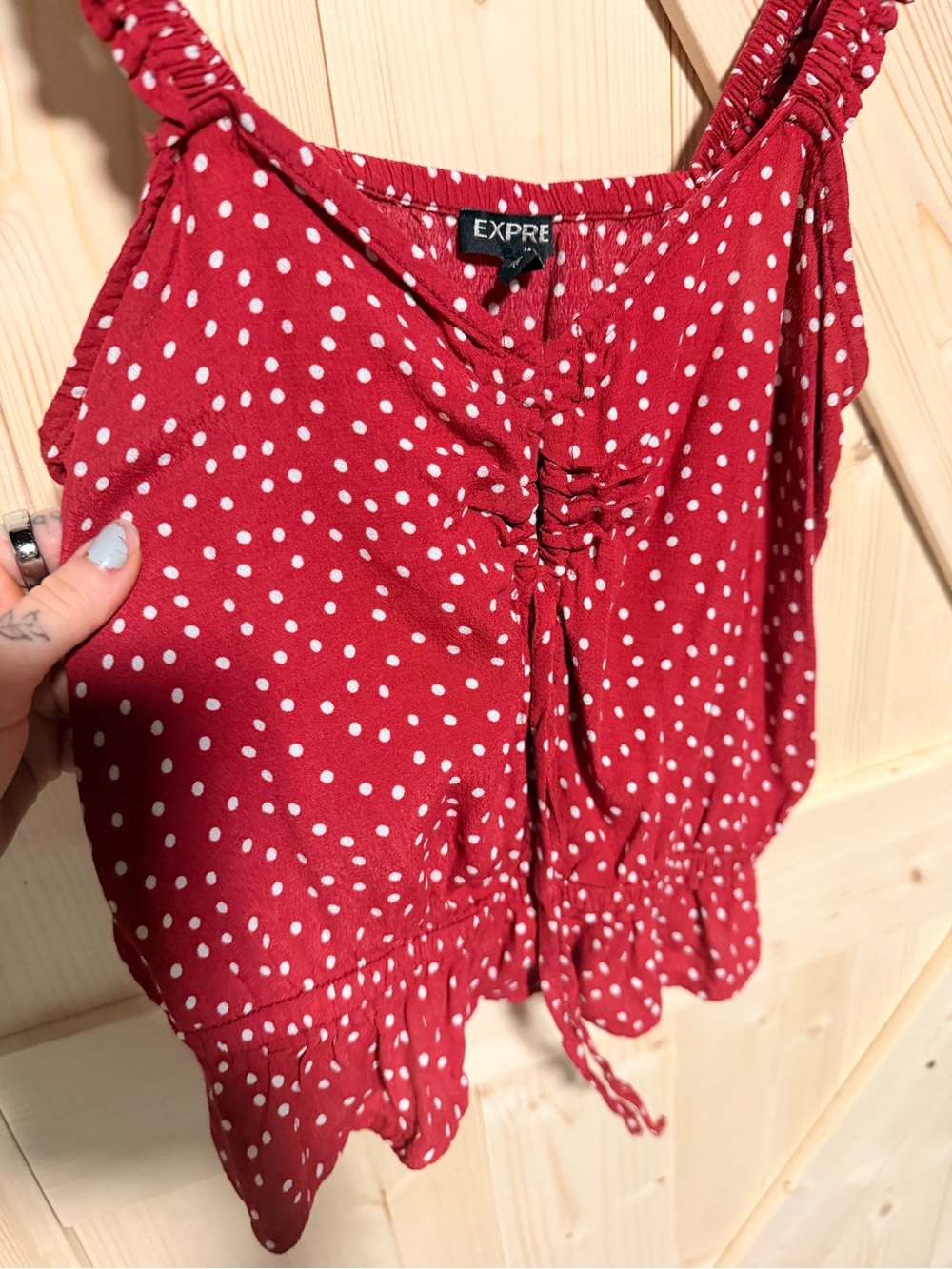 Express Red Polka Dot Ruffle-Strap Tank - Picture 3 of 4